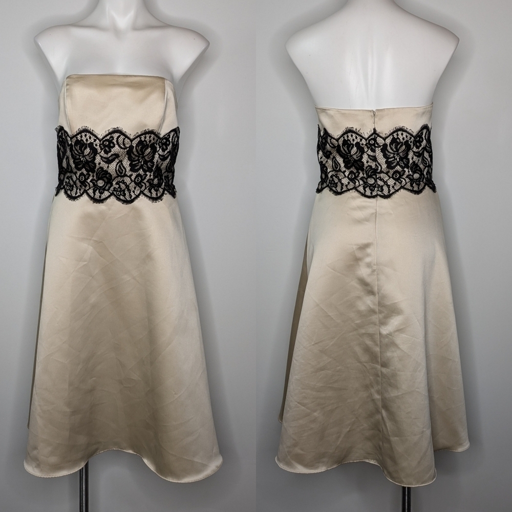 ✨3/$15 WHBM cream satin black lace strapless knee length evening dress L/XL